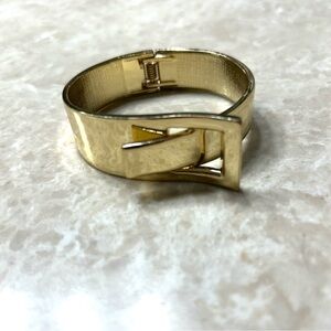 Gold Tone Buckle Cuff Bracelet | Hinged Statement Bangle | Modern Chic